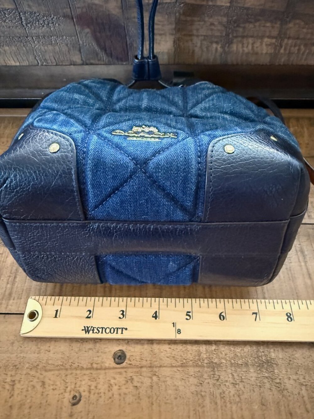 Coach Bucket Bag Womens Small Blue Quilted Denim Leather Drawstring Crossbody - Picture 15 of 16